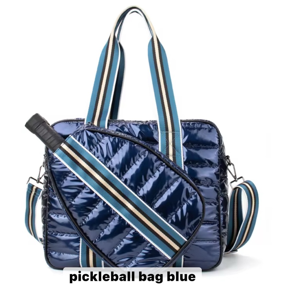 Navy Quilted Pickleball Carry Bag with Striped Strap